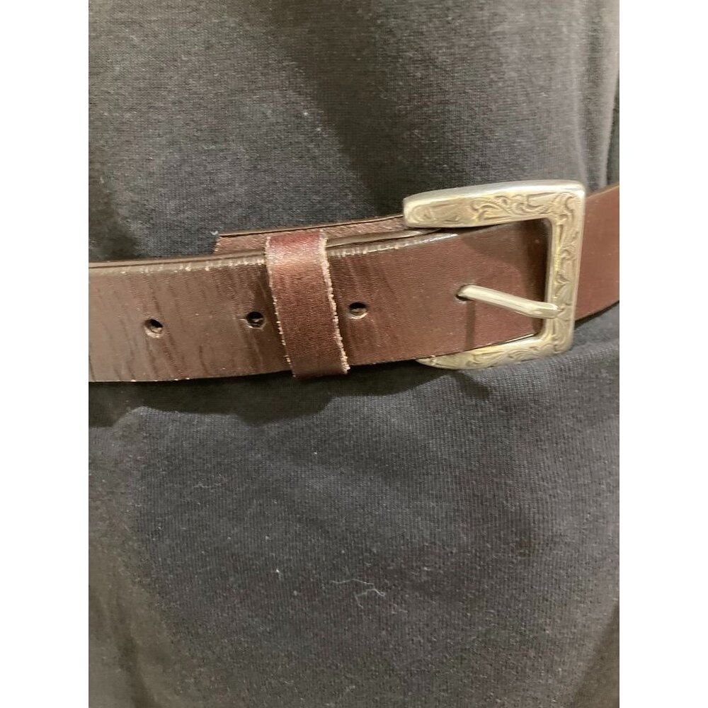 Vintage Nine West Rich Brown Leather Belt, Engraved Silver Buckle